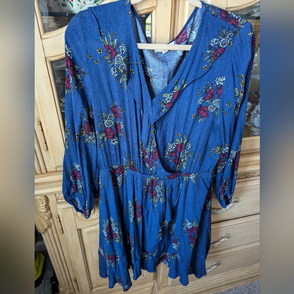 Blue Floral Ruffle Neckline and hem
